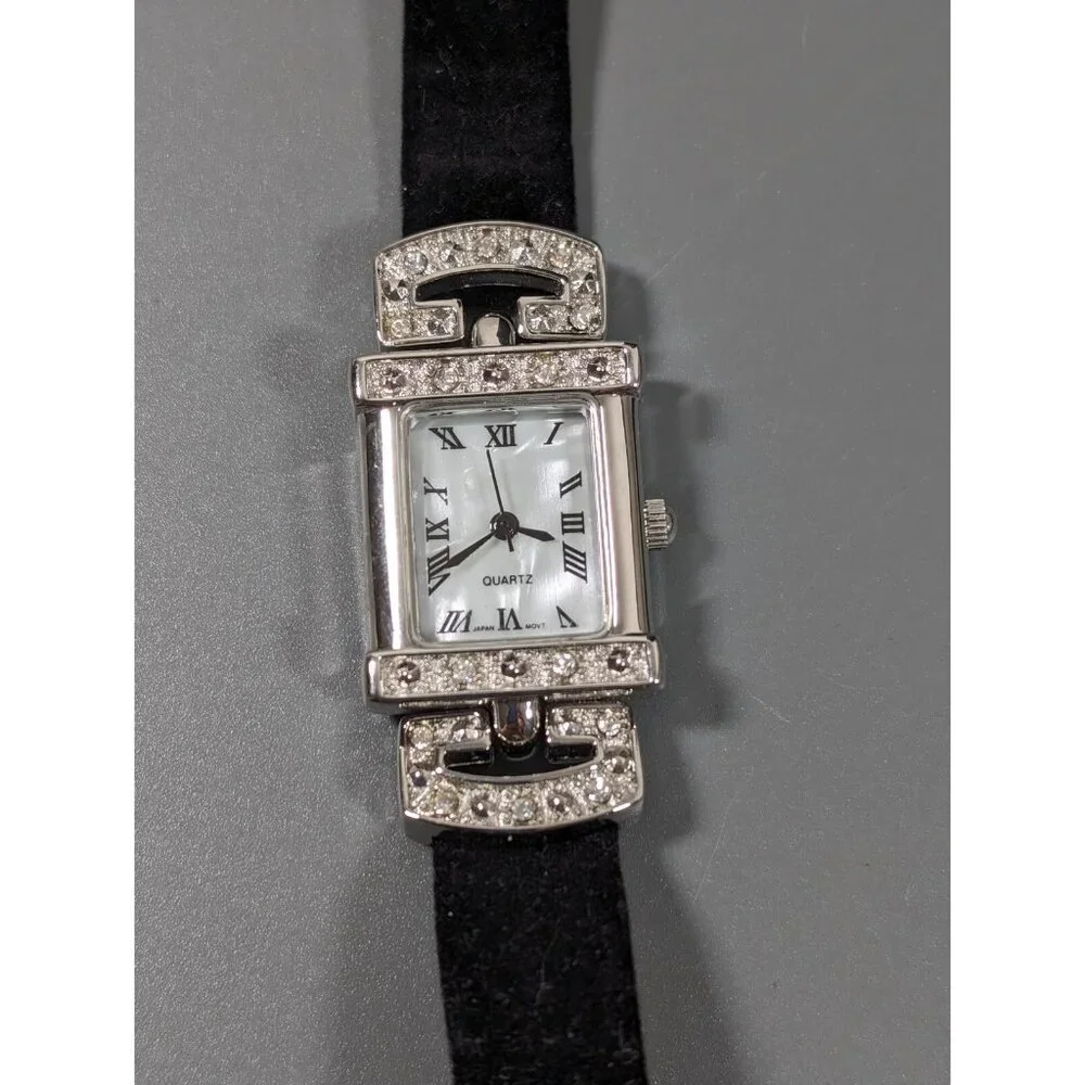 Avon Womens Black Velvet Crystal Accent Elegant Watch New Battery